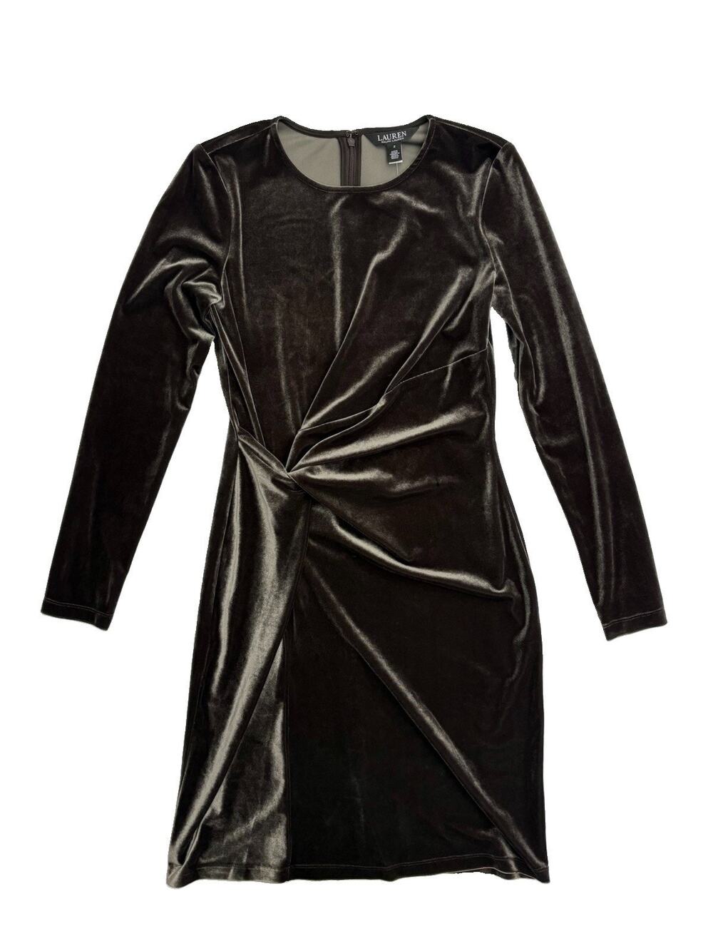 Lauren Ralph Lauren Twist Front Dress Size 2 Brown Velvet Long Sleeve NWT $195